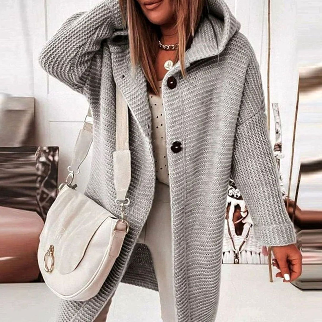 Damen Strickjacke mit Kapuze und Knopfleiste in gerader Passform - Grau