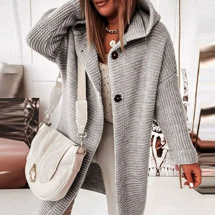 Damen Strickjacke mit Kapuze und Knopfleiste in gerader Passform - Grau