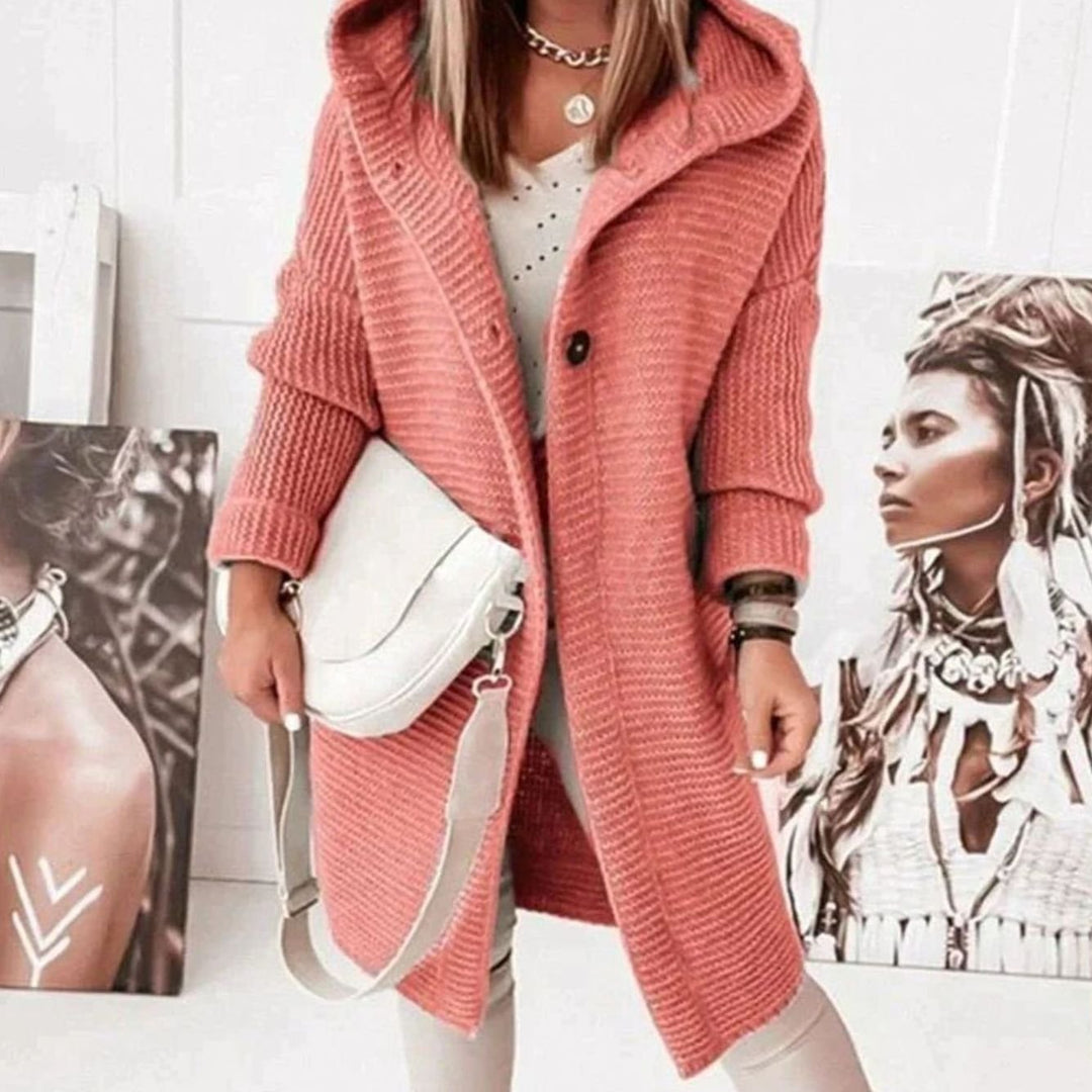 Damen Strickjacke mit Kapuze und Knopfleiste in gerader Passform - Rot