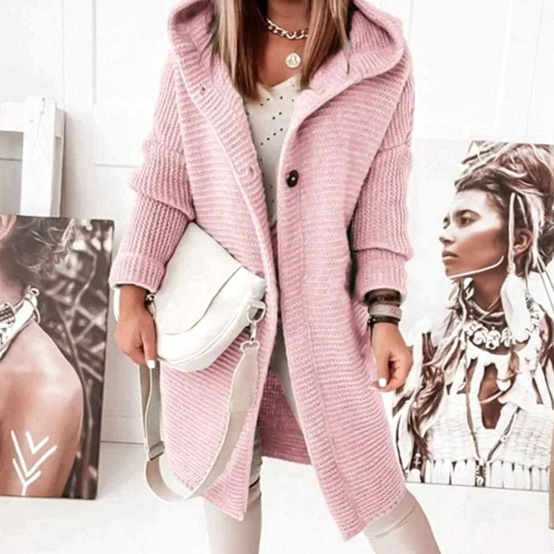 Damen Strickjacke mit Kapuze und Knopfleiste in gerader Passform - Rosa