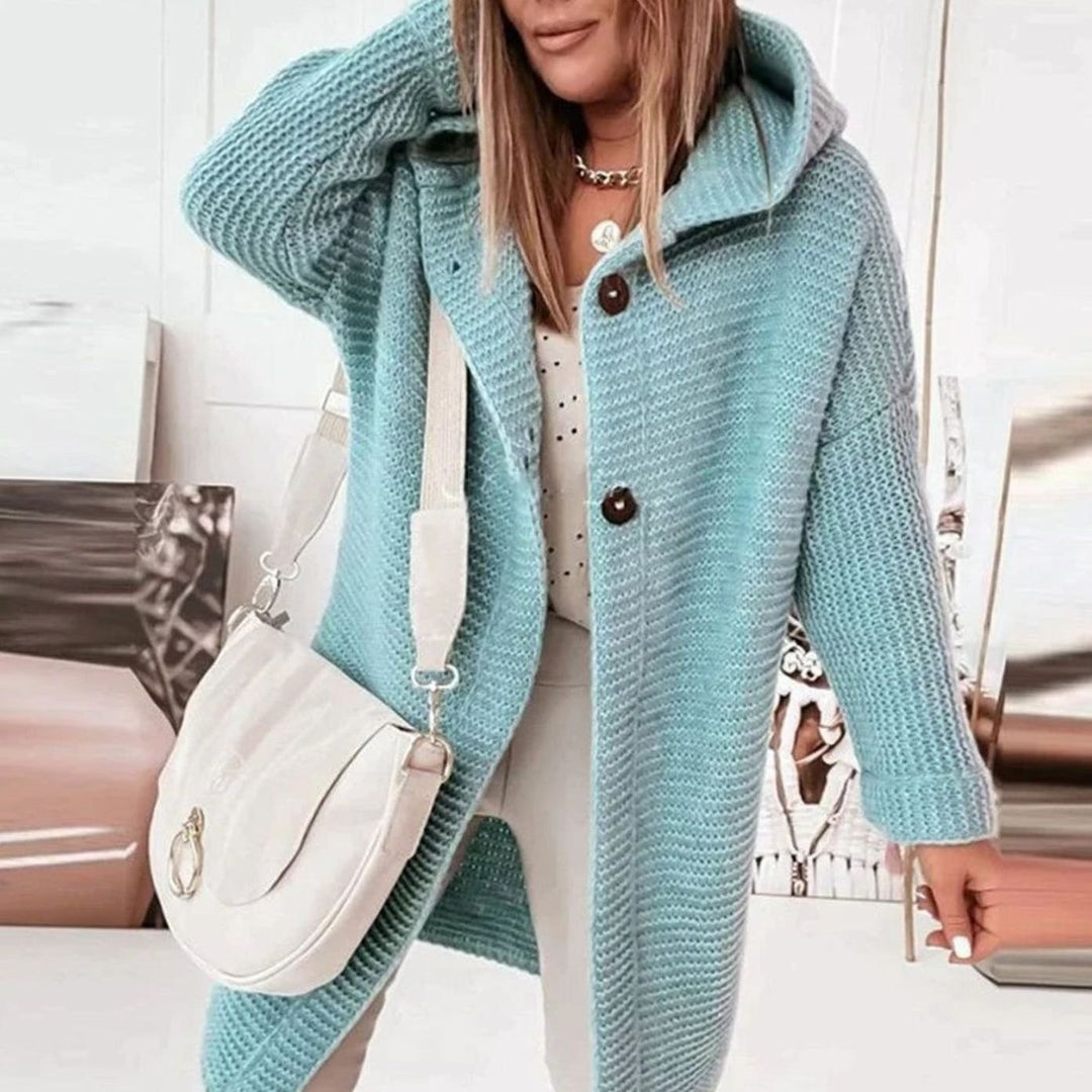 Damen Strickjacke mit Kapuze und Knopfleiste in gerader Passform - Hellblau