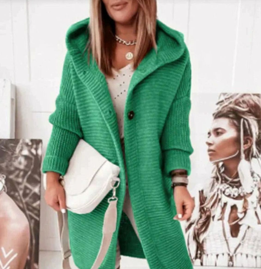 Damen Strickjacke mit Kapuze und Knopfleiste in gerader Passform - Grün