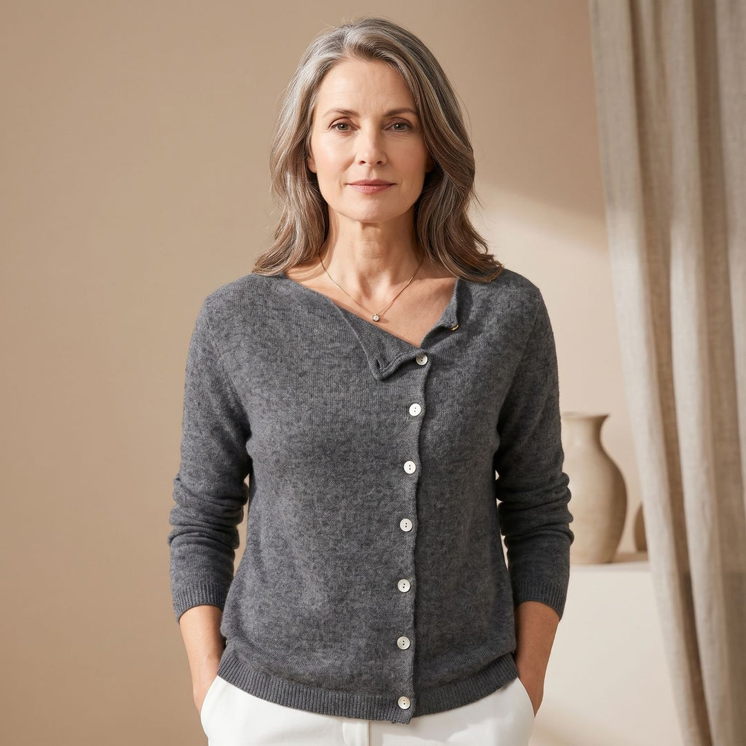 Damen Strickjacke mit Knopfleiste eleganter V-Ausschnitt Cardigan - Grau