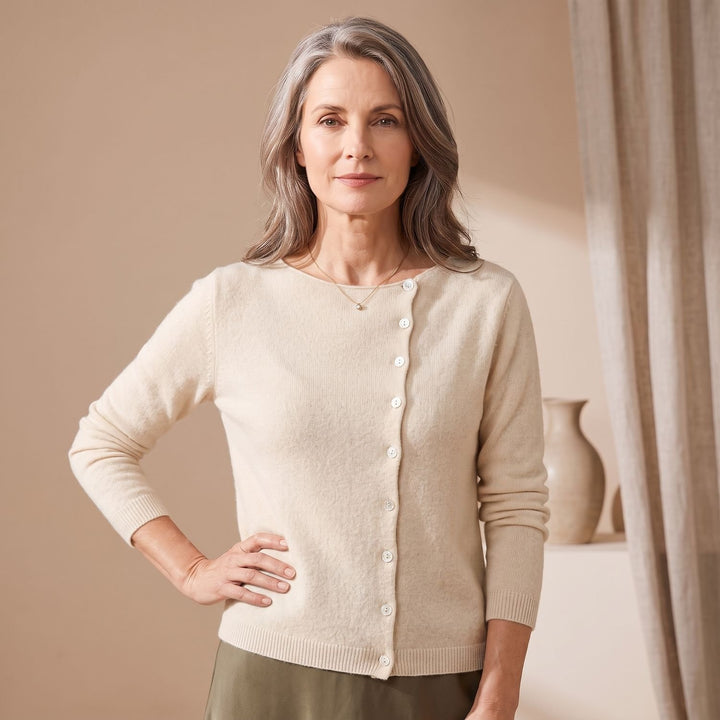Damen Strickjacke mit Knopfleiste eleganter V-Ausschnitt Cardigan - Beige