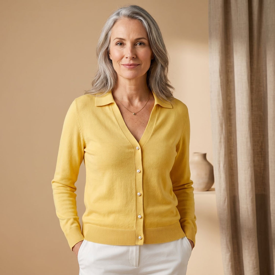 Damen Strickjacke mit Knopfleiste eleganter V-Ausschnitt Cardigan - Gelb