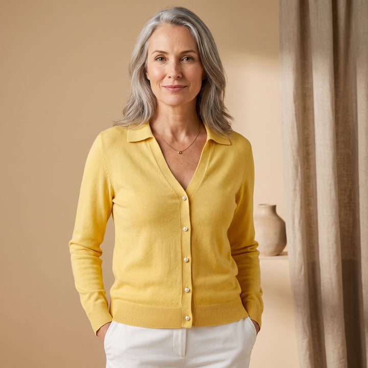 Damen Strickjacke mit Knopfleiste eleganter V-Ausschnitt Cardigan - Gelb