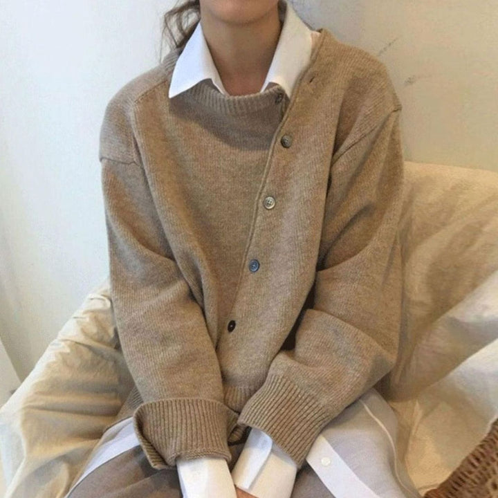 Damen Strickjacke mit Knöpfen Oversized Rundausschnitt - Khaki