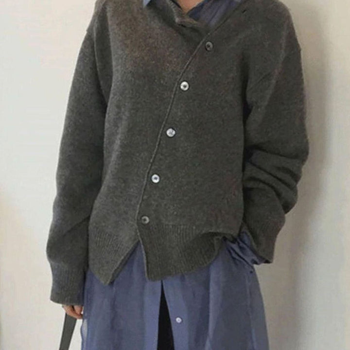 Damen Strickjacke mit Knöpfen Oversized Rundausschnitt - Grau
