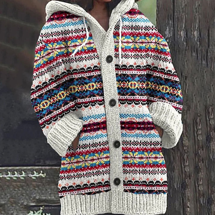 Damen Strickjacke mit Norwegermuster Kapuze und Knopfleiste - Bunt