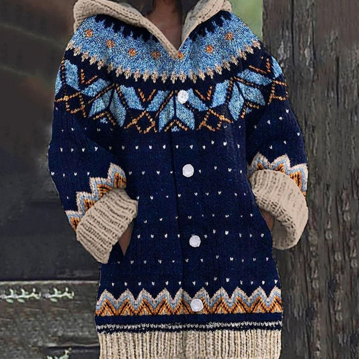 Damen Strickjacke mit Norwegermuster Kapuze und Knopfleiste - Blau