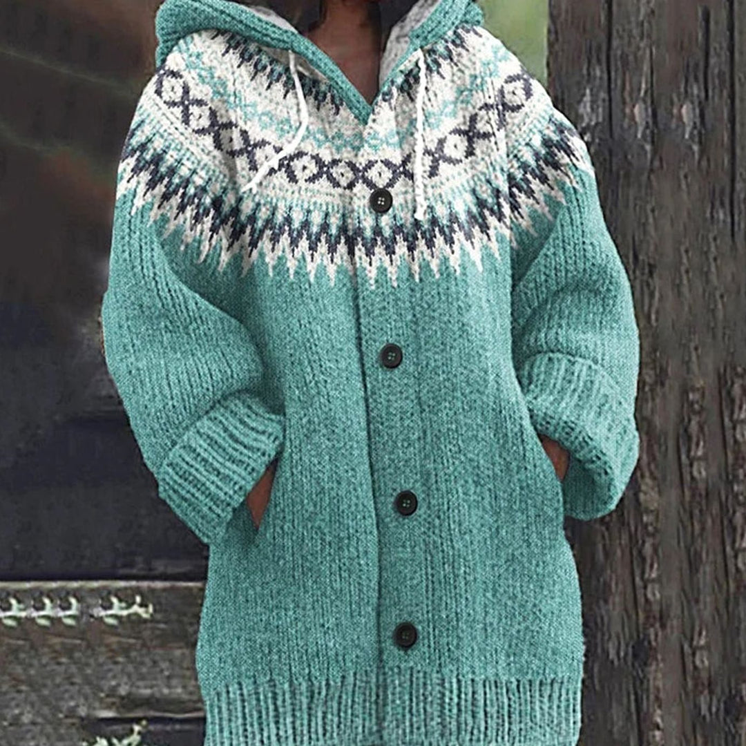 Damen Strickjacke mit Norwegermuster Kapuze und Knopfleiste - Hellblau