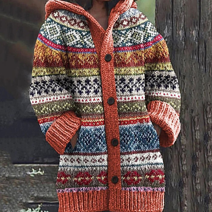 Damen Strickjacke mit Norwegermuster Kapuze und Knopfleiste - Orange