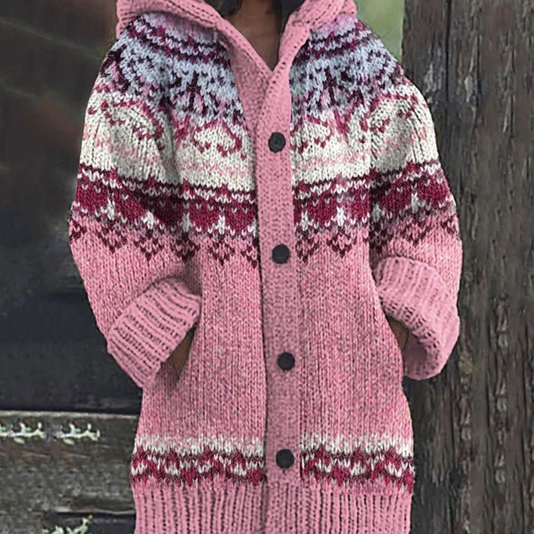 Damen Strickjacke mit Norwegermuster Kapuze und Knopfleiste - Rosa