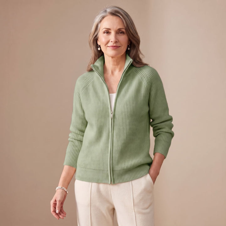 Damen Strickjacke mit Reißverschluss Stehkragen Tailliert - Grün