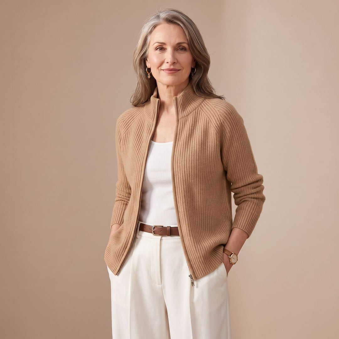 Damen Strickjacke mit Reißverschluss Stehkragen Tailliert - Braun