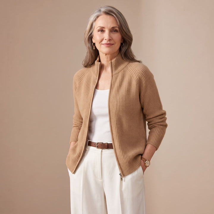Damen Strickjacke mit Reißverschluss Stehkragen Tailliert - Braun