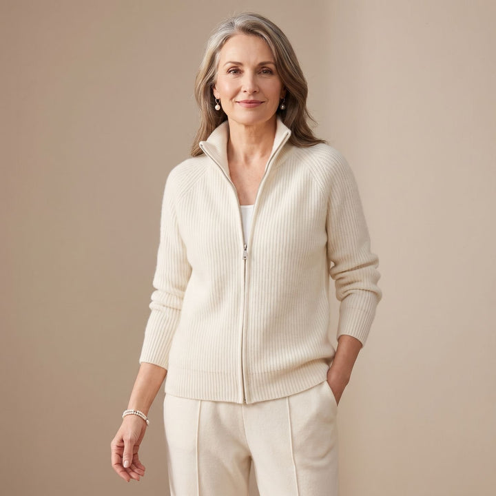 Damen Strickjacke mit Reißverschluss Stehkragen Tailliert - Weiß