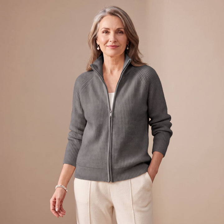Damen Strickjacke mit Reißverschluss Stehkragen Tailliert - Grau
