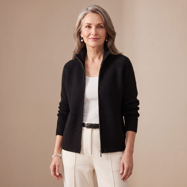 Damen Strickjacke mit Reißverschluss Stehkragen Tailliert - Schwarz