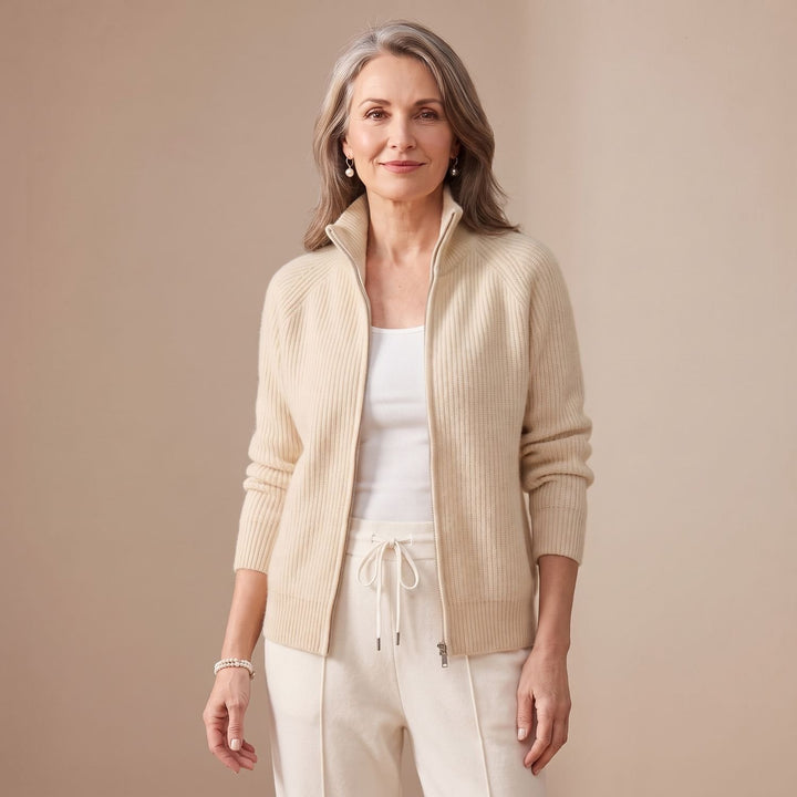Damen Strickjacke mit Reißverschluss Stehkragen Tailliert - Beige
