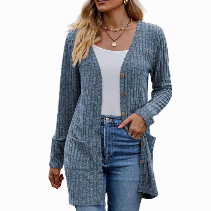 Damen Strickjacke mit Rippstruktur aufgesetzten Taschen und Knopfleiste - Blau