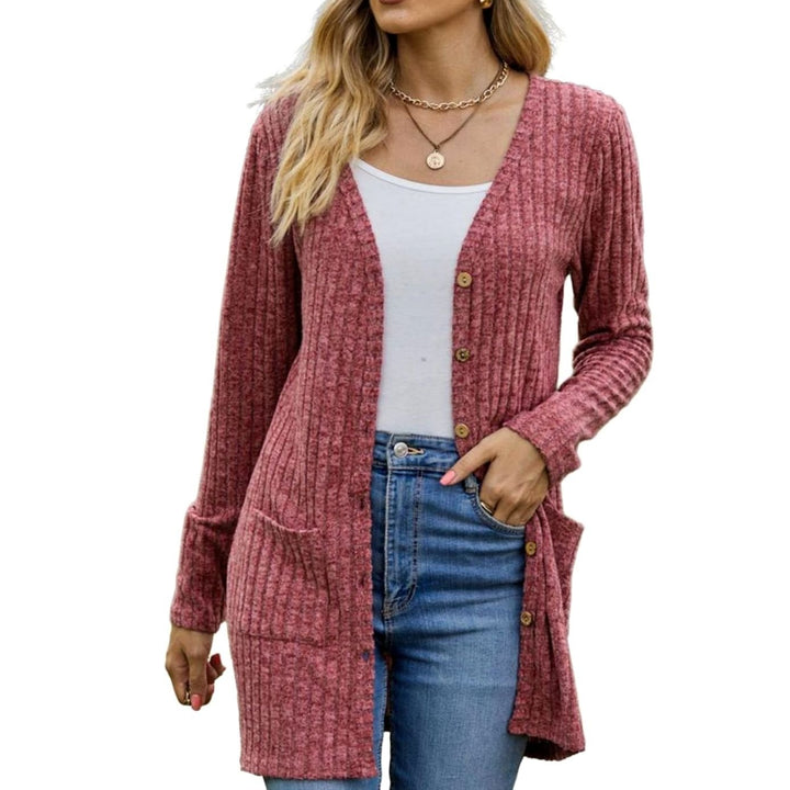 Damen Strickjacke mit Rippstruktur aufgesetzten Taschen und Knopfleiste - Rot