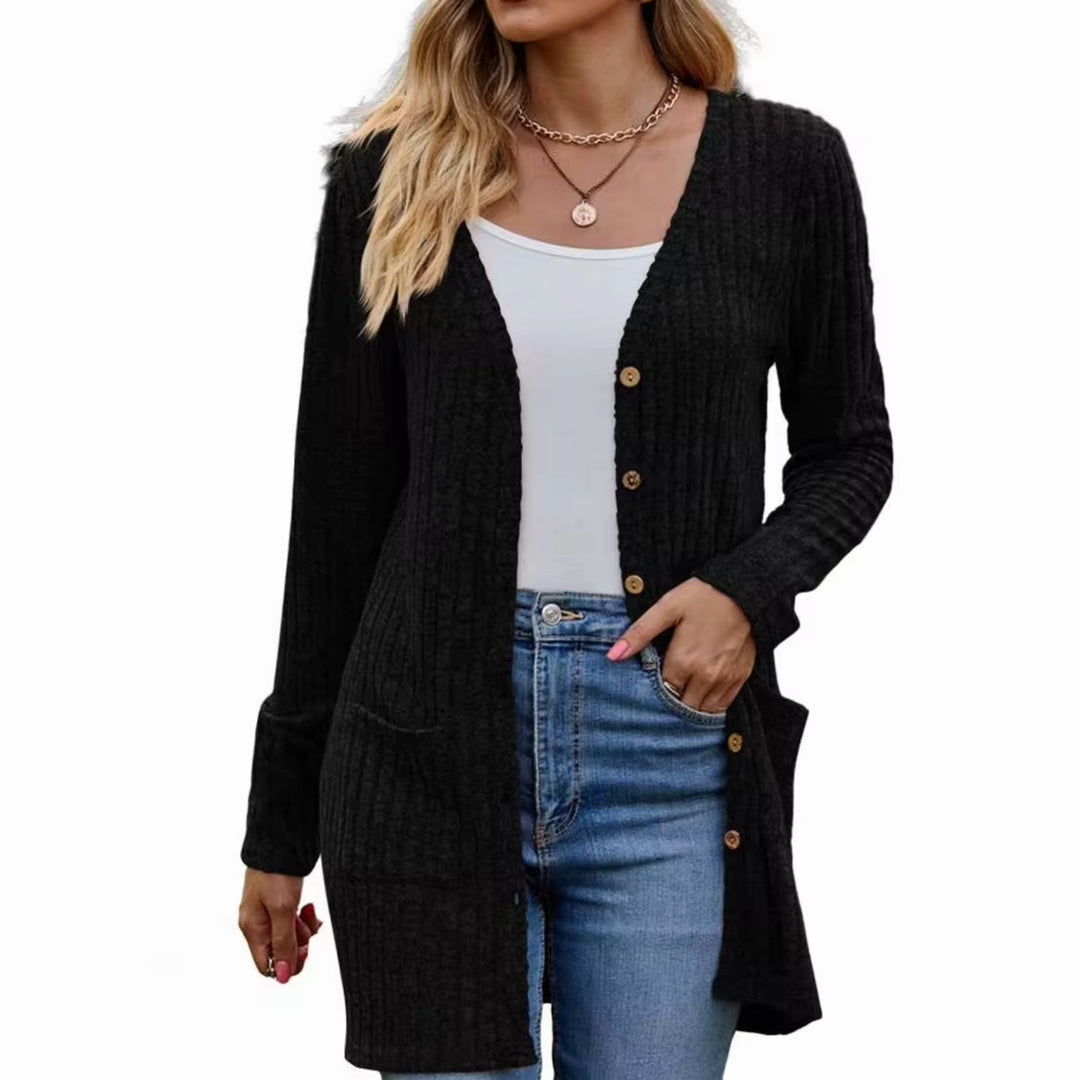 Damen Strickjacke mit Rippstruktur aufgesetzten Taschen und Knopfleiste - Schwarz