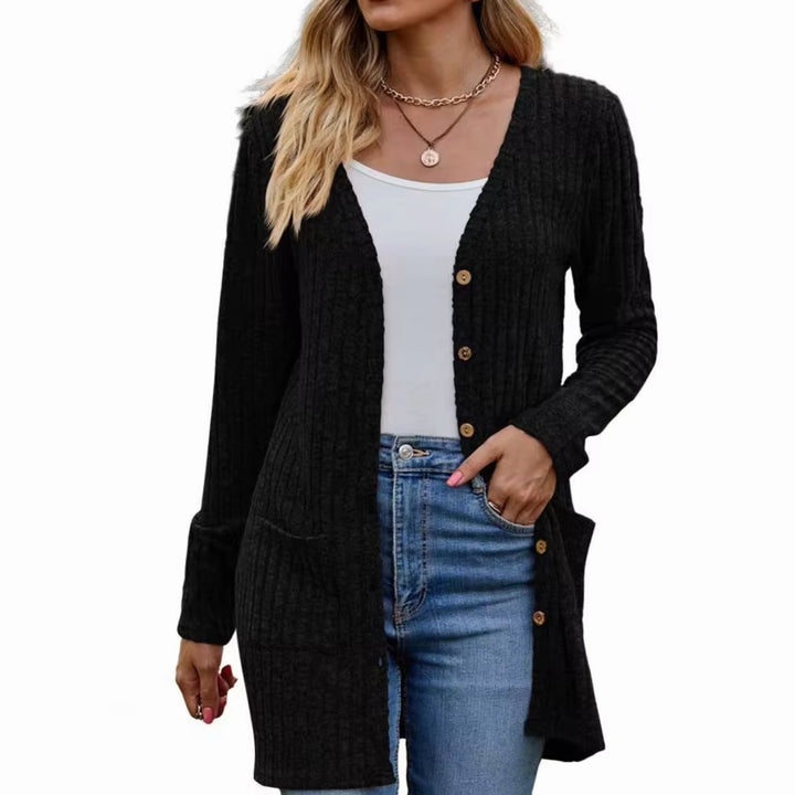 Damen Strickjacke mit Rippstruktur aufgesetzten Taschen und Knopfleiste - Schwarz