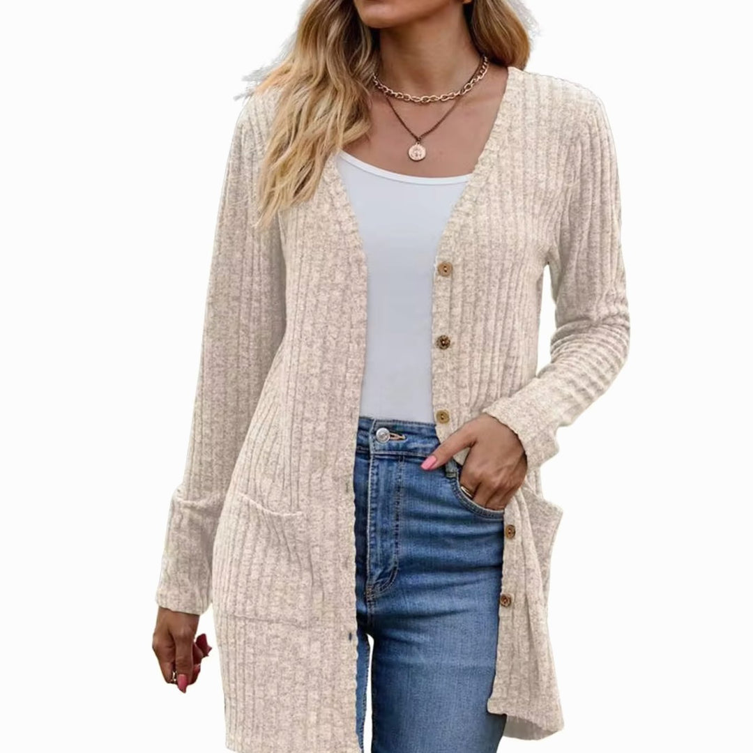Damen Strickjacke mit Rippstruktur aufgesetzten Taschen und Knopfleiste - Aprikose