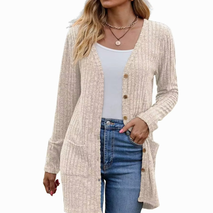 Damen Strickjacke mit Rippstruktur aufgesetzten Taschen und Knopfleiste - Aprikose