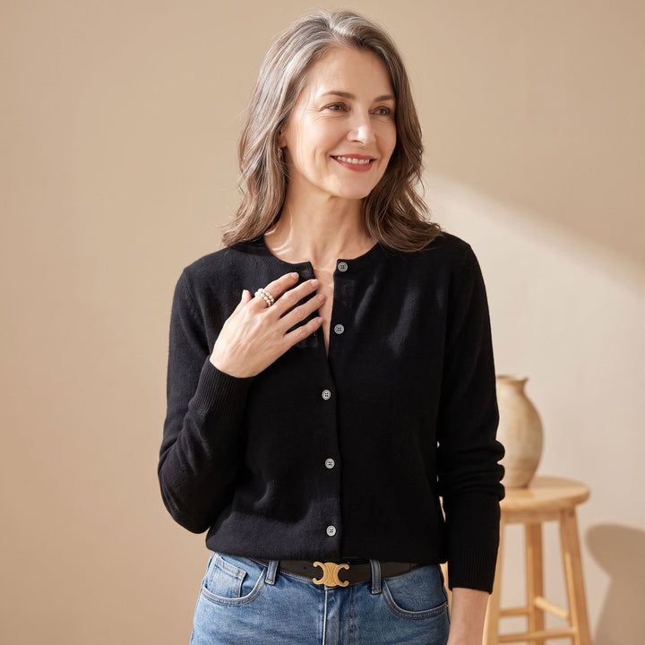 Damen Strickjacke mit Rundhals Knopfleiste Langarm - Schwarz