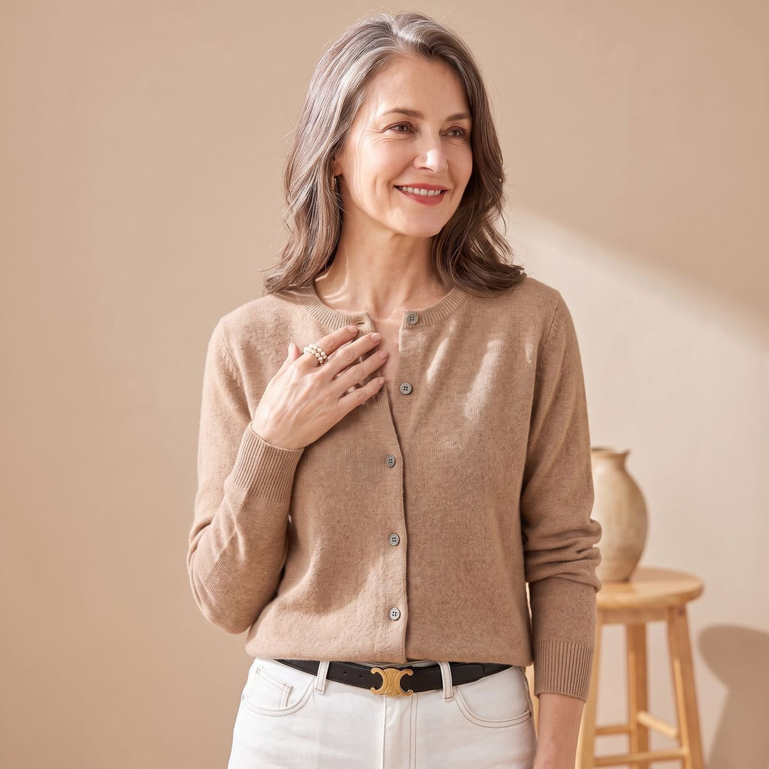 Damen Strickjacke mit Rundhals Knopfleiste Langarm - Goldkamel