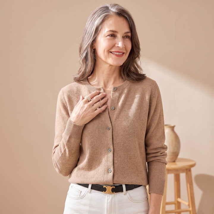 Damen Strickjacke mit Rundhals Knopfleiste Langarm - Goldkamel