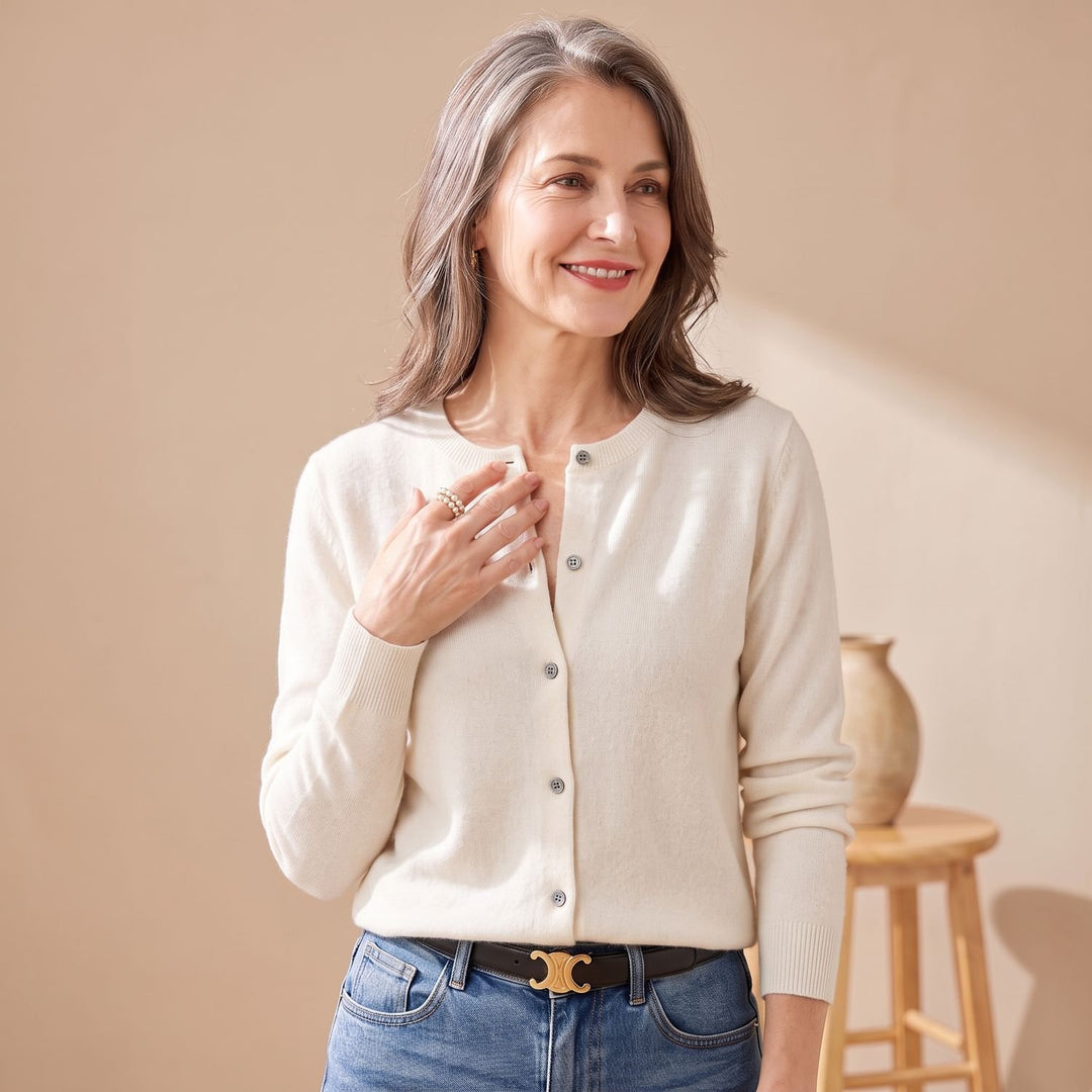 Damen Strickjacke mit Rundhals Knopfleiste Langarm