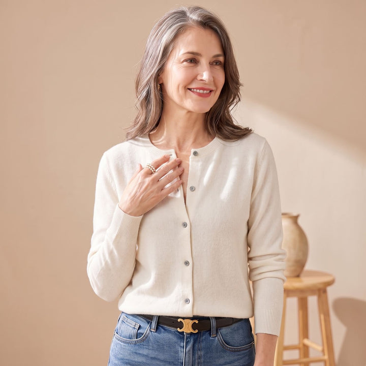 Damen Strickjacke mit Rundhals Knopfleiste Langarm