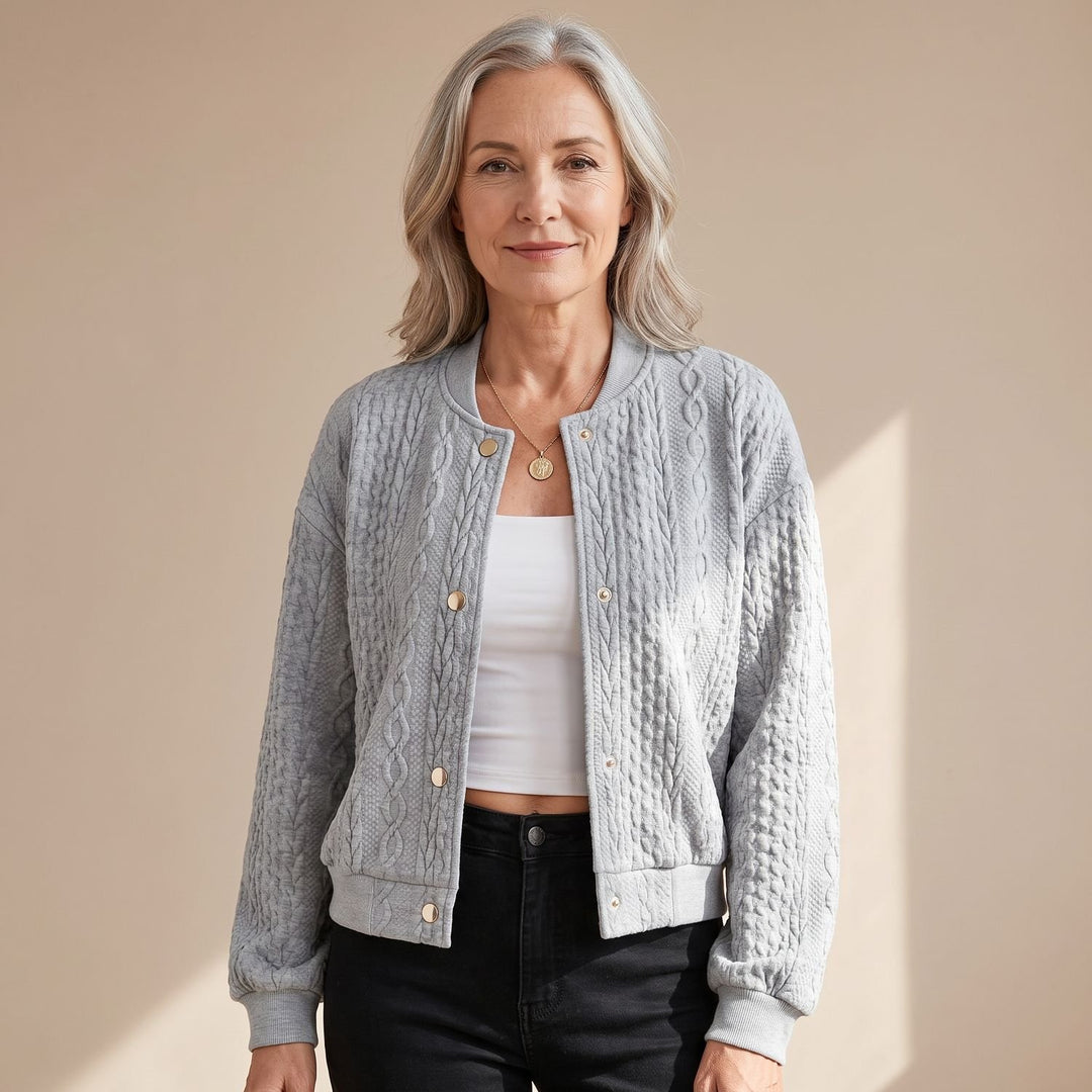 Damen Strickjacke mit Zopfmuster Druckknöpfen Cardigan - Grau