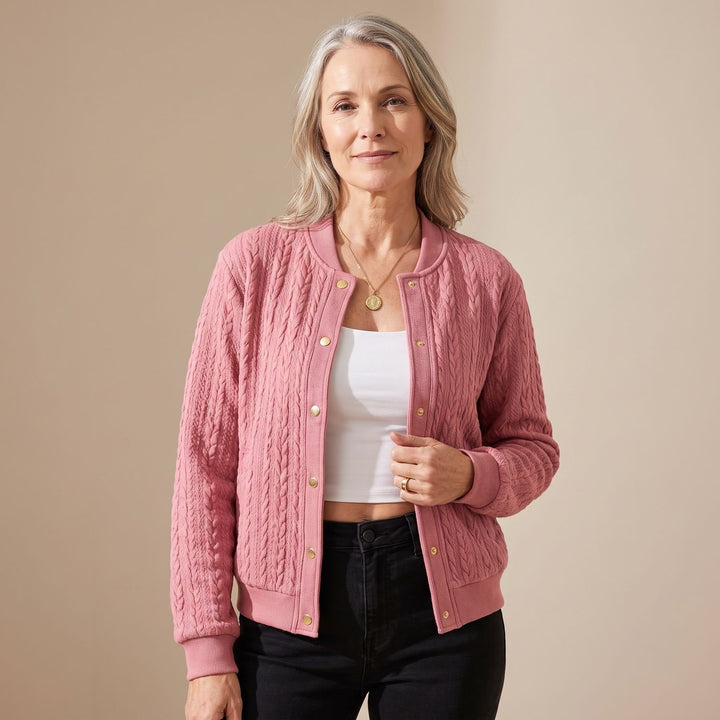 Damen Strickjacke mit Zopfmuster Druckknöpfen Cardigan - Rosa