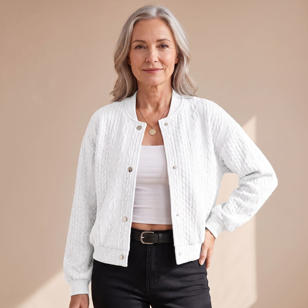 Damen Strickjacke mit Zopfmuster Druckknöpfen Cardigan - Weiß