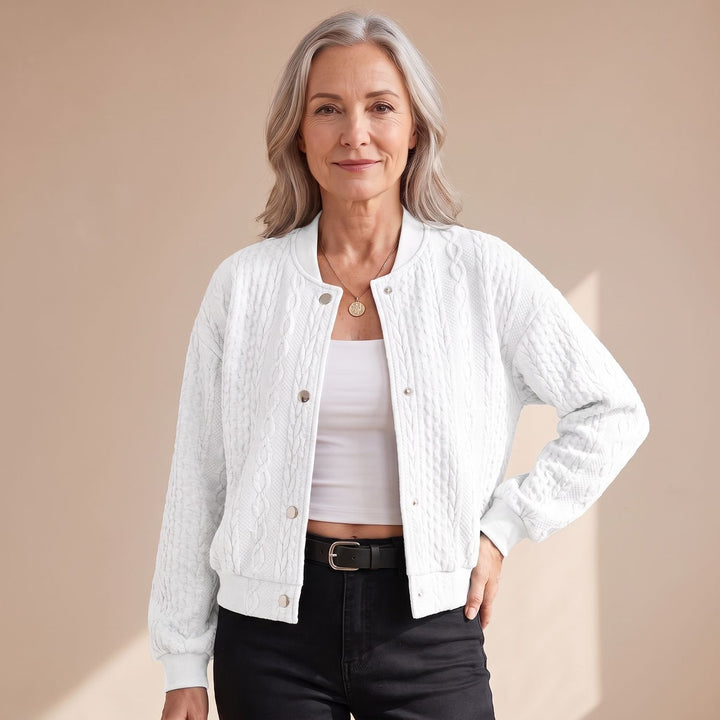 Damen Strickjacke mit Zopfmuster Druckknöpfen Cardigan - Weiß