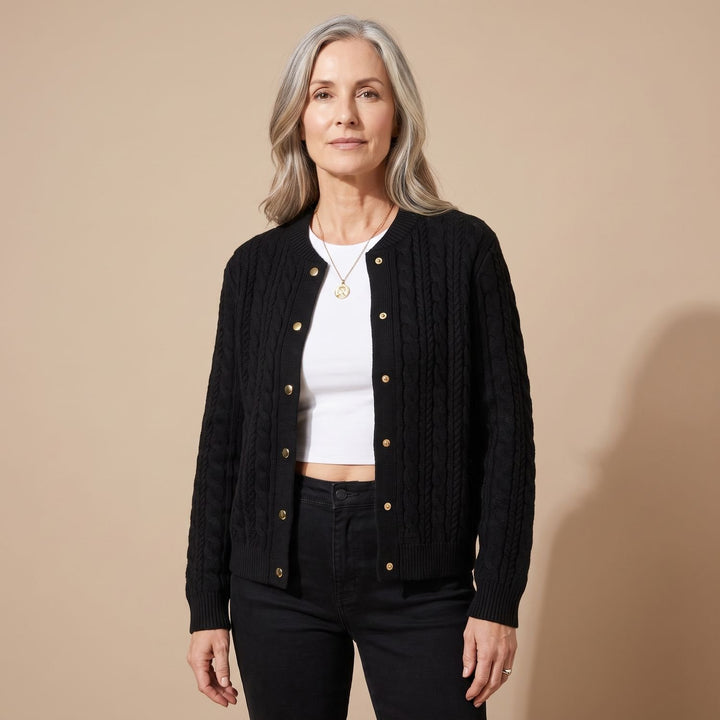 Damen Strickjacke mit Zopfmuster Druckknöpfen Cardigan - Schwarz