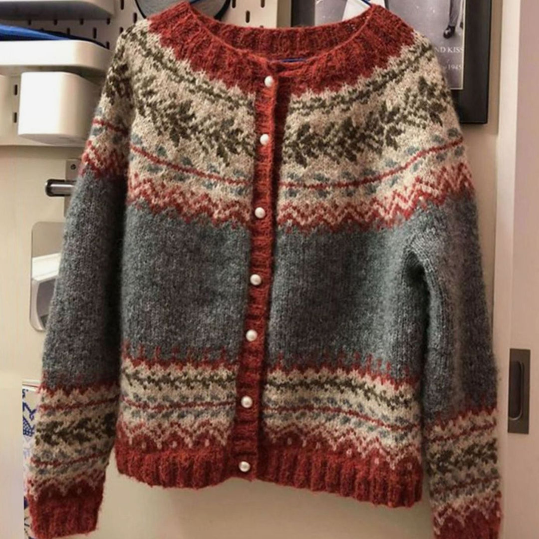 Damen Strickjacke Norwegermuster Rundhals Cardigan mit Knopfleiste - Grau