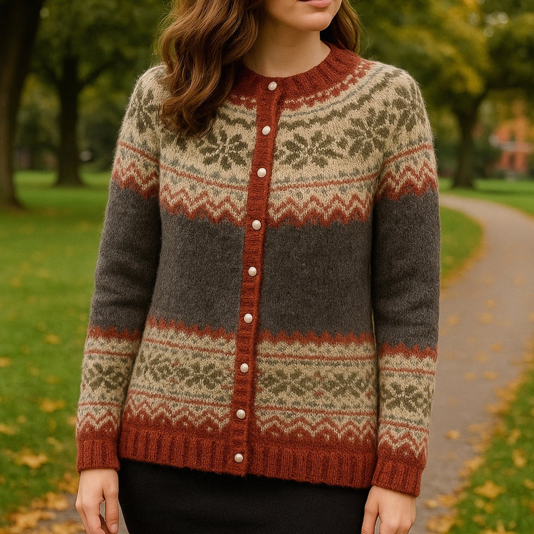 Damen Strickjacke Norwegermuster Rundhals Cardigan mit Knopfleiste