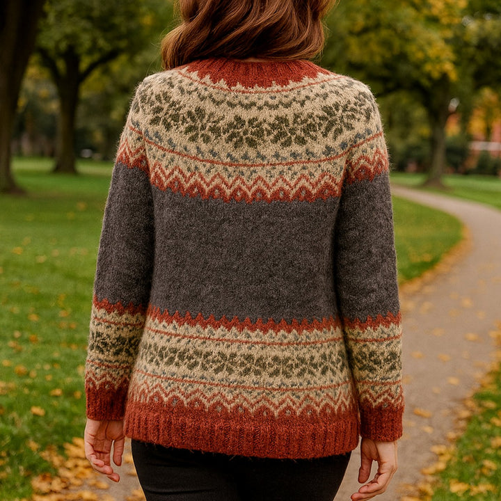 Damen Strickjacke Norwegermuster Rundhals Cardigan mit Knopfleiste
