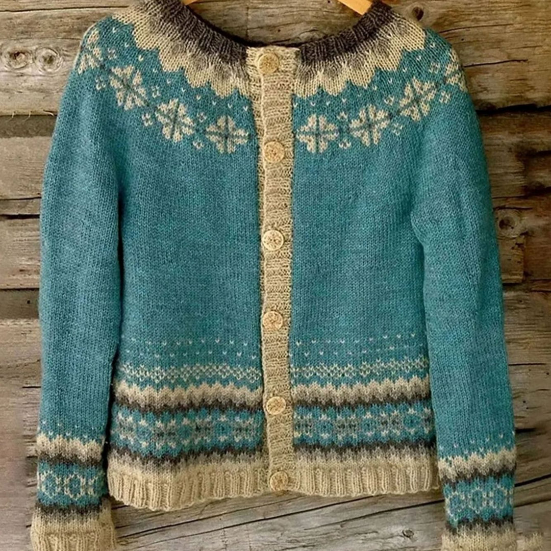 Damen Strickjacke Norwegermuster Rundhals Cardigan mit Knopfleiste - Blau