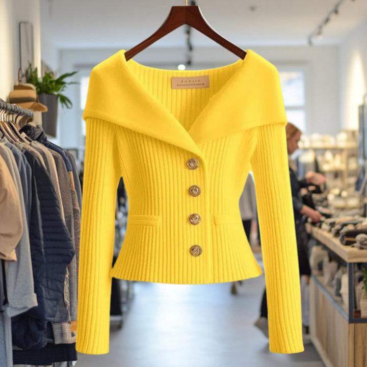 Damen Strickjacke Off-Shoulder figurbetonter Rippenstrick Goldknöpfe - Gelb