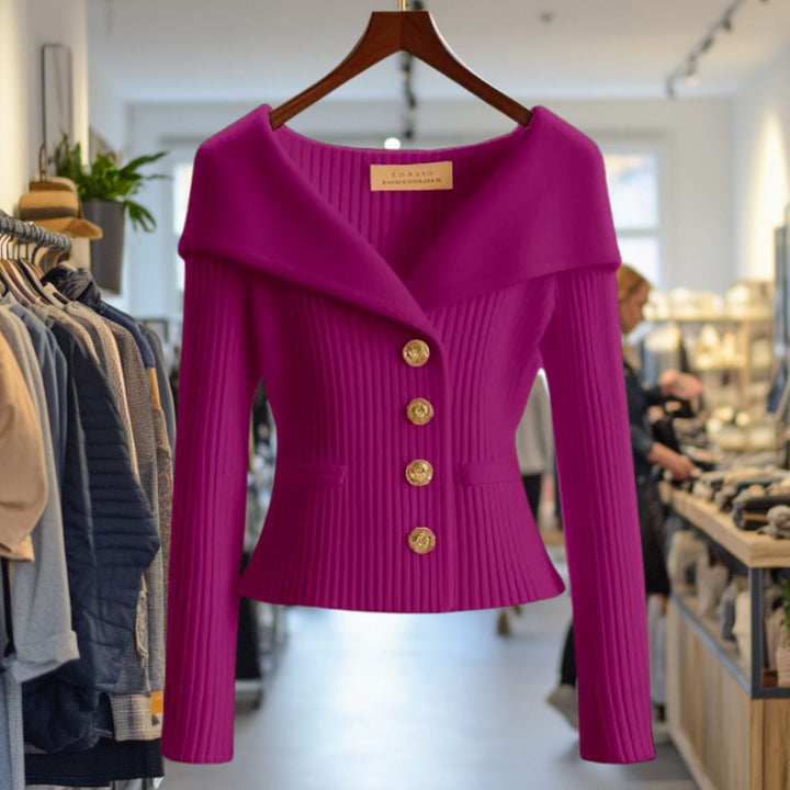 Damen Strickjacke Off-Shoulder figurbetonter Rippenstrick Goldknöpfe - Lila
