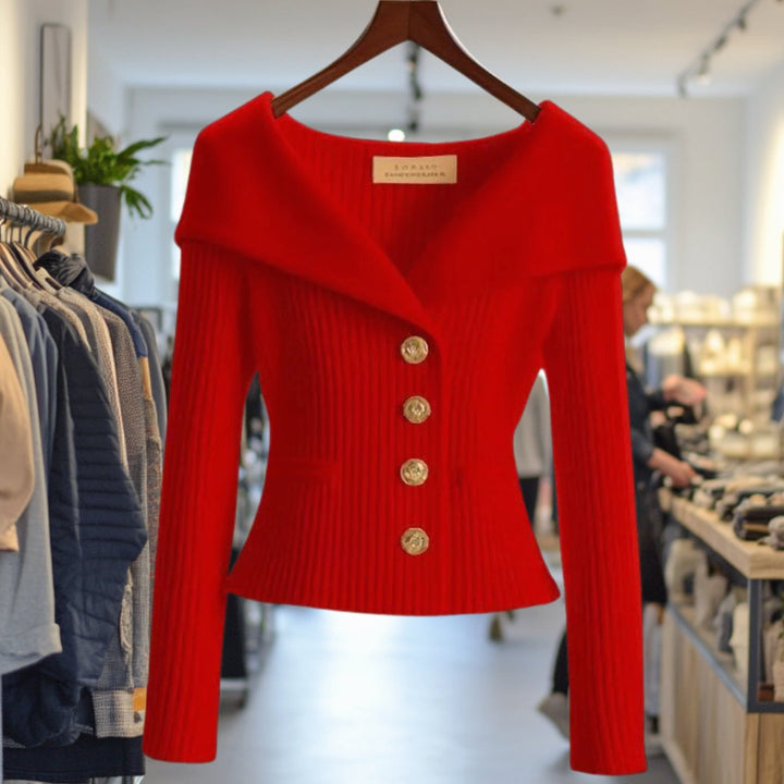 Damen Strickjacke Off-Shoulder figurbetonter Rippenstrick Goldknöpfe - Rot