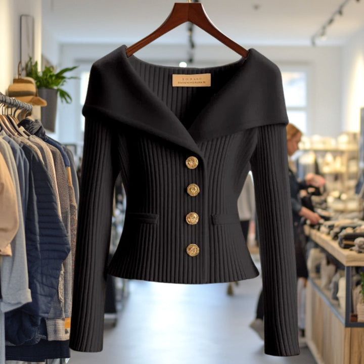 Damen Strickjacke Off-Shoulder figurbetonter Rippenstrick Goldknöpfe - Schwarz