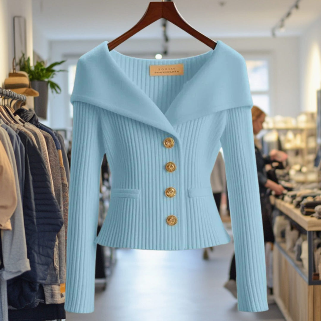 Damen Strickjacke Off-Shoulder figurbetonter Rippenstrick Goldknöpfe - Blau