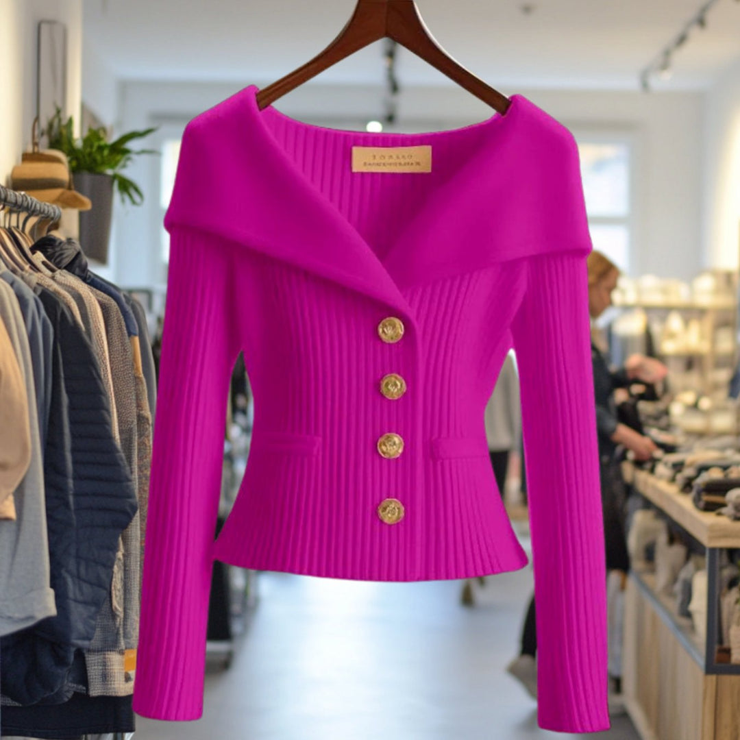 Damen Strickjacke Off-Shoulder figurbetonter Rippenstrick Goldknöpfe - Rosa